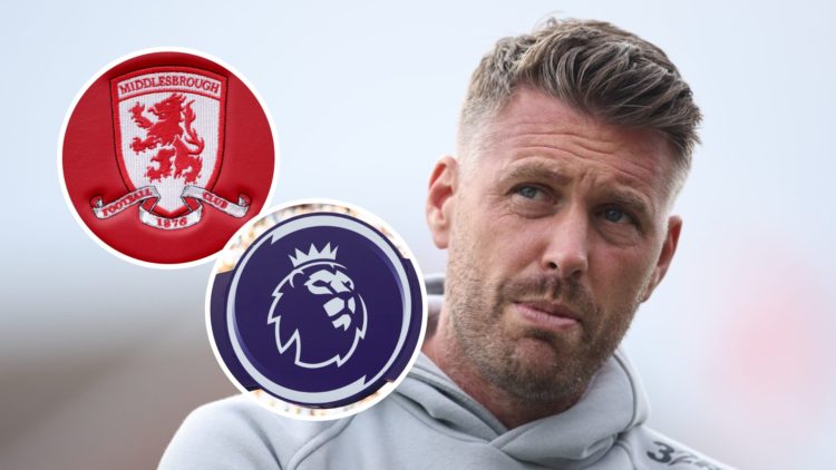 Middlesbrough FC manager Rob Edwards reacts during a Championship game. Inset, the Middlesbrough FC badge and the Premier League logo.