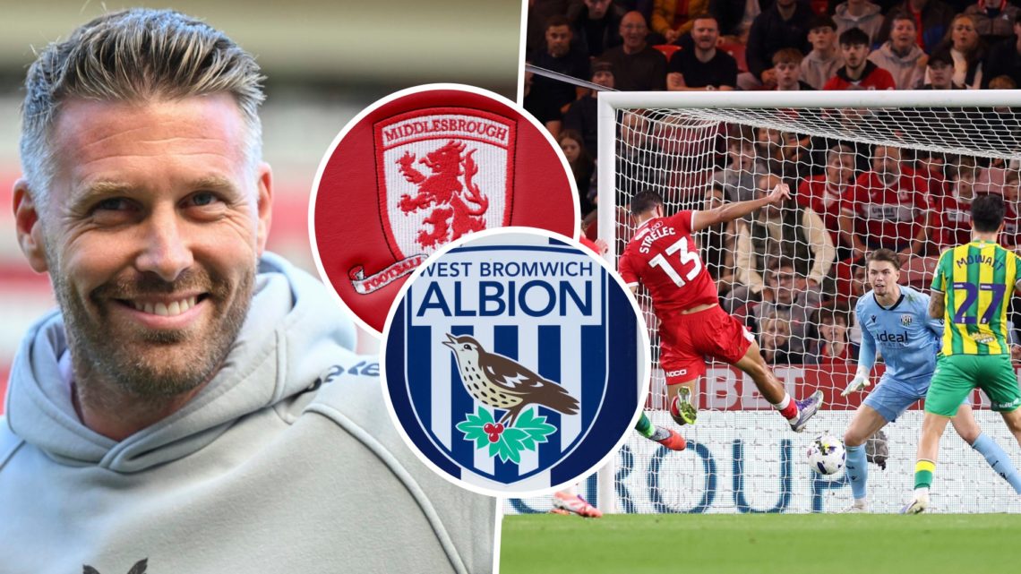 Middlesbrough manager Rob Edwards, and David Strelec scores for Middlesbrough against West Bromwich Albion. Inset, the Middlesbrough FC badge and t...