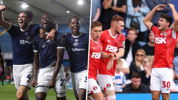 Millwall's players celebrate scoring against Coventry City (left) and Charlton Athletic's players celebrate with the away end at Queens Park Ranger...