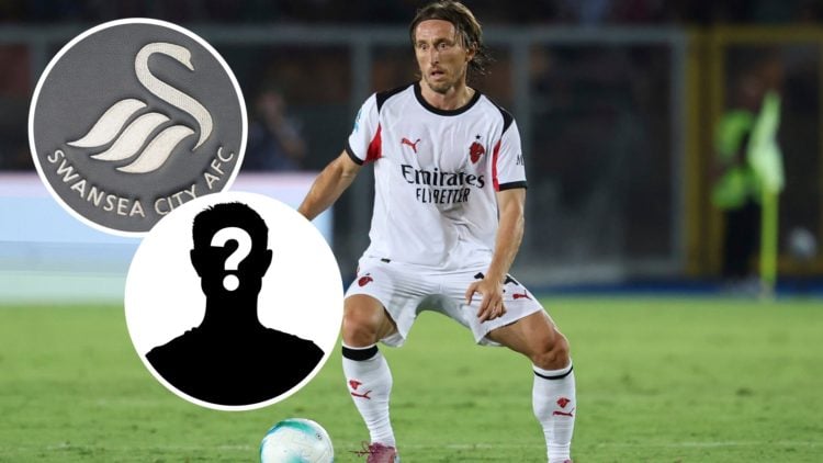 Luka Modric on the ball for AC Milan vs Lecce, an inset of the Swansea City badge, an inset of the mystery man