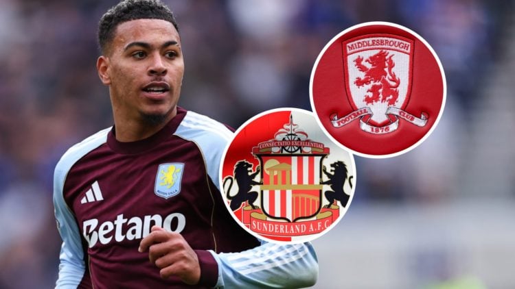 Morgan Rogers in action for Aston Villa. Inset, the Middlesbrough FC badge and the Sunderland AFC badge.