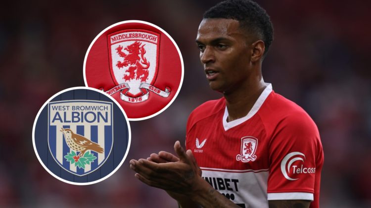 Morgan Whittaker during a Championship game for Middlesbrough. Inset, the Middlesbrough FC badge and the West Bromwich Albion FC badge.