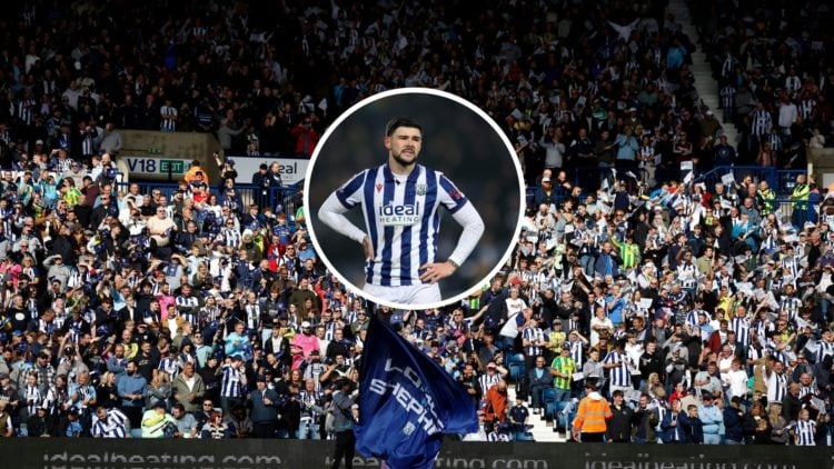 An inset of Alex Mowatt of West Bromwich Albion against Blackburn Rovers, West Brom fans celebrate 125 years of The Hawthorns