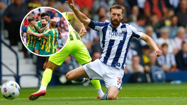 Nat Phillips makes a crunching tackle on Portsmouth's Adrian Segecic, an inset of Nat Phillips being mobbed by his West Brom teammates after scorin...