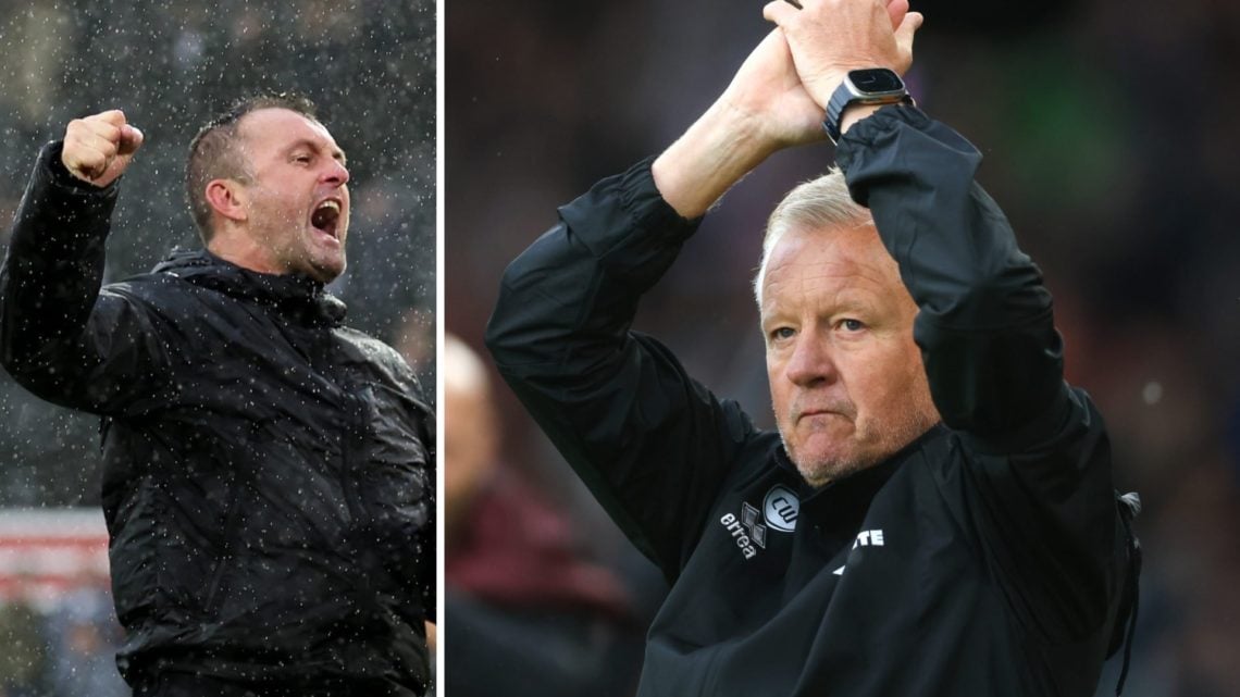 Nathan Jones pumps his fist at Sheffield United in front of the away fans (left) and Chris Wilder claps the Sheffield United fans (right)
