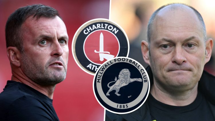 Charlton Athletic manager Nathan Jones, and Millwall manager Alex Neil. Inset, the Charlton Athletic FC badge and the Millwall FC badge.
