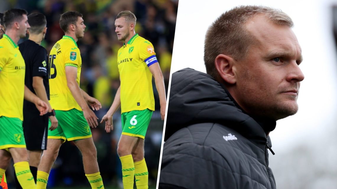 Norwich City players look dejected after the final whistle (left) and Liam Manning looks on while managing Norwich City (right)
