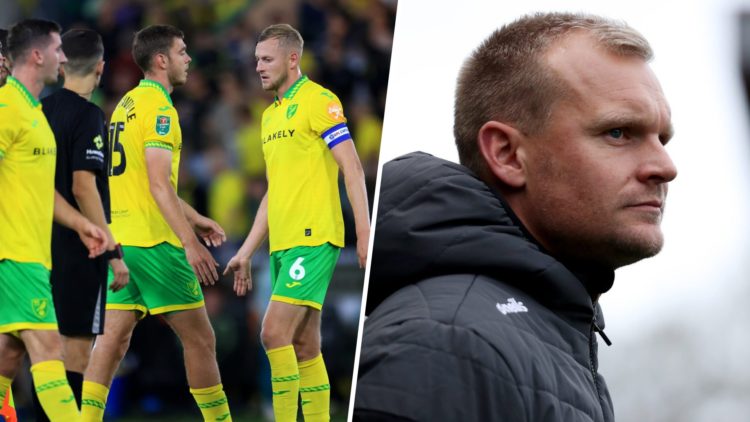 Norwich City players look dejected after the final whistle (left) and Liam Manning looks on while managing Norwich City (right)