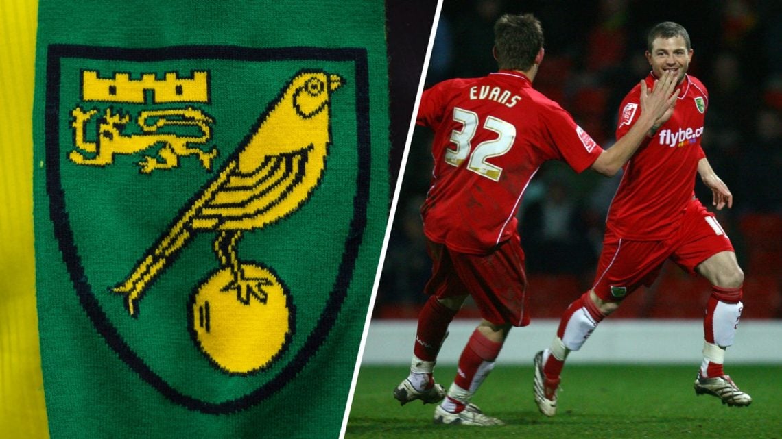 A view of the Norwich City badge on a scarf, Jamie Cureton celebrates his goal for Norwich vs Ipswich Town