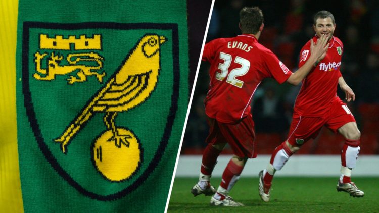 A view of the Norwich City badge on a scarf, Jamie Cureton celebrates his goal for Norwich vs Ipswich Town