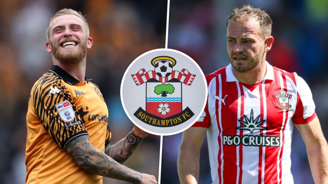 Oli McBurnie celebrates after scoring for Hull City FC, and Ryan Fraser during a pre-season friendly for Southampton FC. Inset, the Southampton FC ...