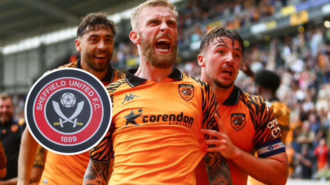 Oli McBurnie reacts after scoring a goal for Hull City FC, and inset, the Sheffield United FC badge.