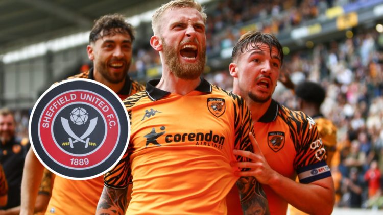 Oli McBurnie reacts after scoring a goal for Hull City FC, and inset, the Sheffield United FC badge.