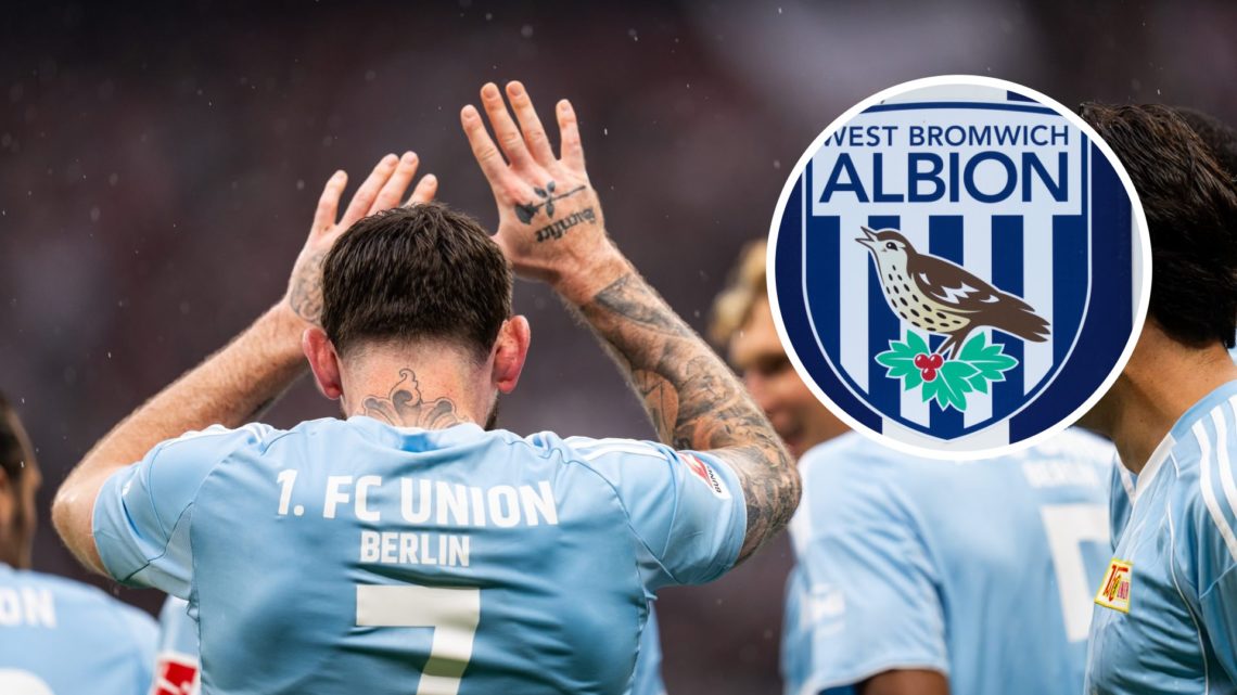 Oliver Burke and Diogo Leite from 1. FC Union Berlin celebrate. Inset: A general view of the West Bromwich Albion badge