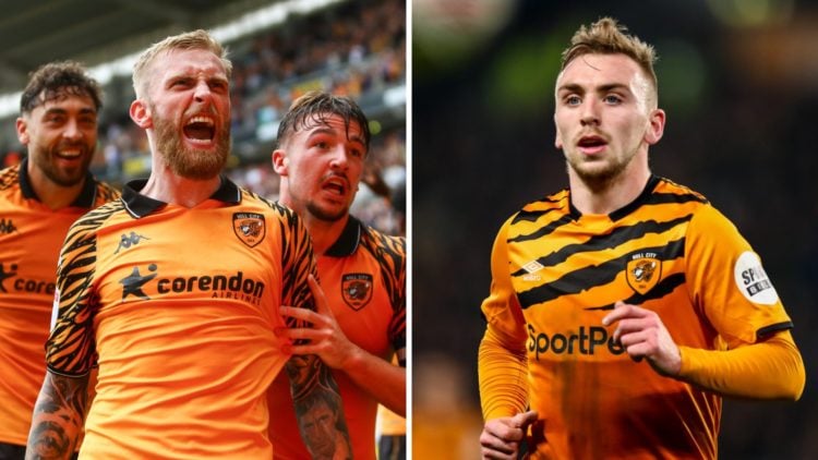 Oliver McBurnie of Hull City celebrates (left), Jarrod Bowen of Hull City (right)