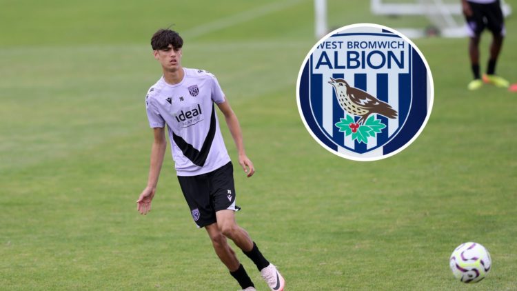 Rio Parmar of West Bromwich Albion during a West Bromwich Albion U18 and U21 Training Session, an inset of the West Brom badge
