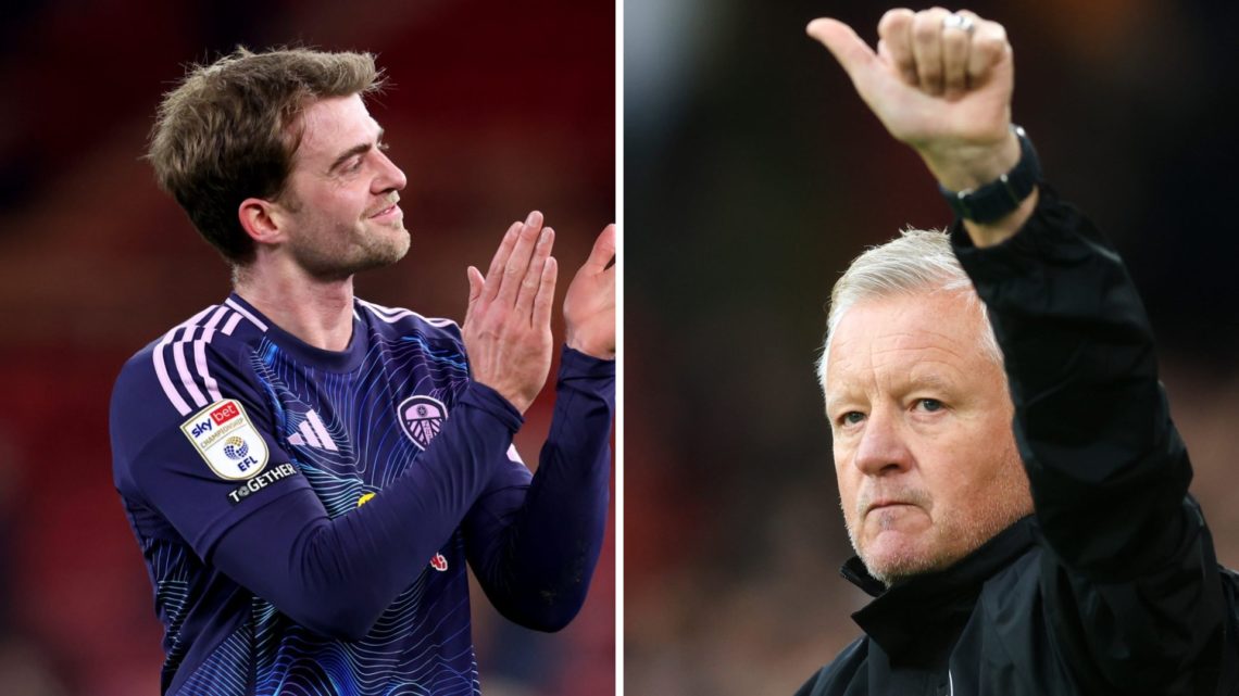 Patrick Bamford claps the Leeds fans (left) and Chris Wilder raises a thumbs up to the Sheffield United fans (right)