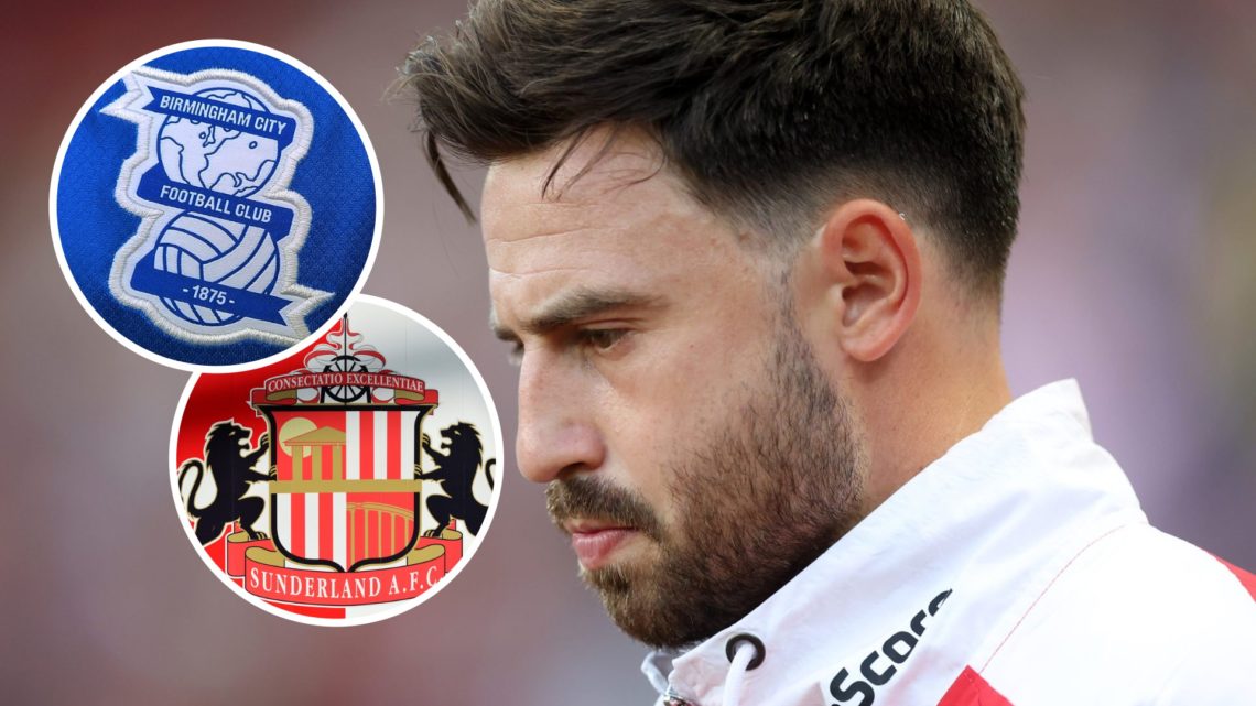 Sunderland AFC player Patrick Roberts reacts before a game at the Stadium of Light. Inset, the Birmingham City FC badge and the Sunderland AFC badge.