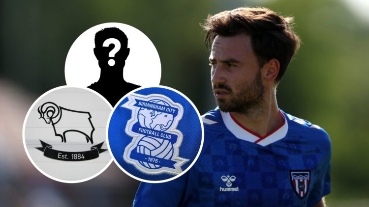 Patrick Roberts during a pre-season friendly for Sunderland AFC. Inset, a mystery player, the Derby County FC badge and the Birmingham City FC badge.