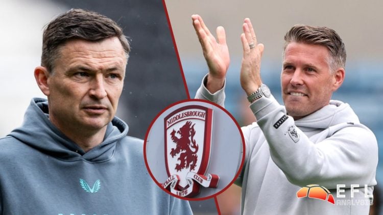 Split image showing Preston manager Paul Heckingbottom, Middlesbrough coach Rob Edwards and the Boro badge outside the Riverside Stadium
