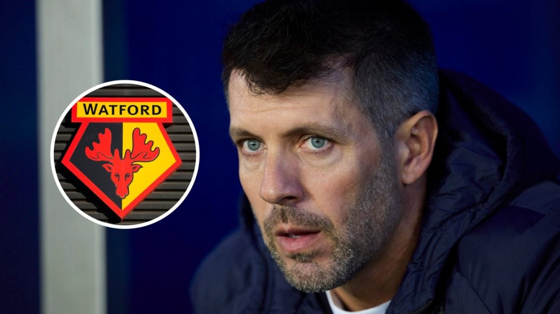 Watford manager Paulo Pezzolano with club badge inset.