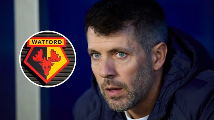 Watford manager Paulo Pezzolano with club badge inset.