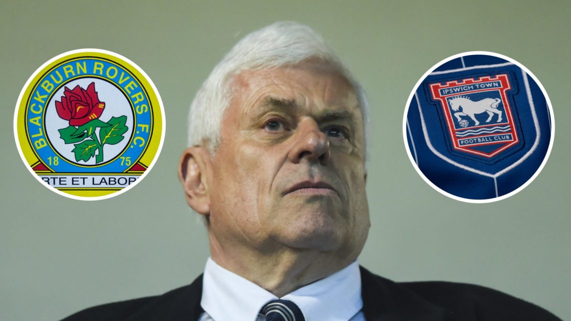 EFL board member Peter Ridsdale with Blackburn Rovers and Ipswich Town badges inset.