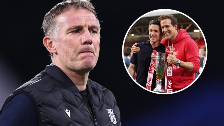 Phil Parkinson looks concerned while managing Wrexham (main) and Rob McElhenney and Ryan Reynolds lift the League One runners up trophy (inset)