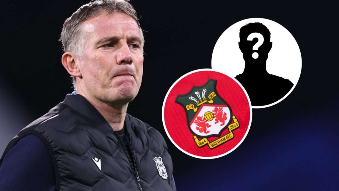 Wrexham AFC manager Phil Parkinson reacts during a game. Inset, a mystery player and the Wrexham AFC badge.
