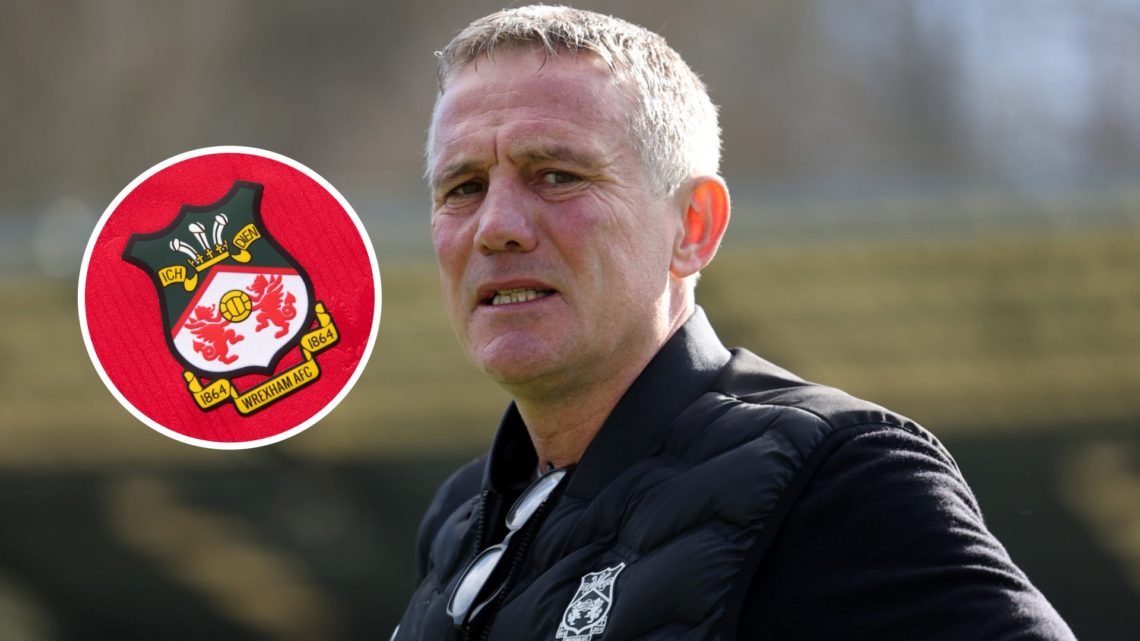 Wrexham AFC manager Phil Parkinson reacts during a League One match, and inset, the Wrexham AFC badge.