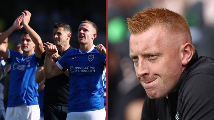 Split image showing Colby Bishop and Portsmouth players and Southampton coach Will Still