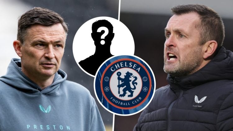 Preston North End FC manager Paul Heckingbottom, and Charlton Athletic FC manager Nathan Jones. Overlaid, a mystery player and the Chelsea FC badge.