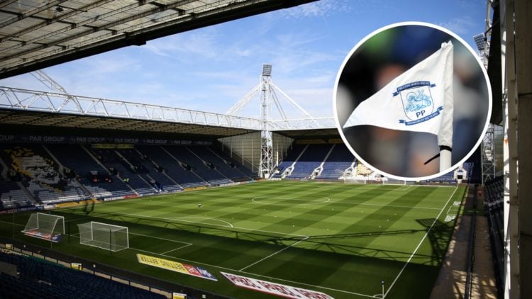 A general view inside Deepdale Stadium before a Championship game, and inset, the Preston North End FC badge on a corner flag at Deepdale Stadium.