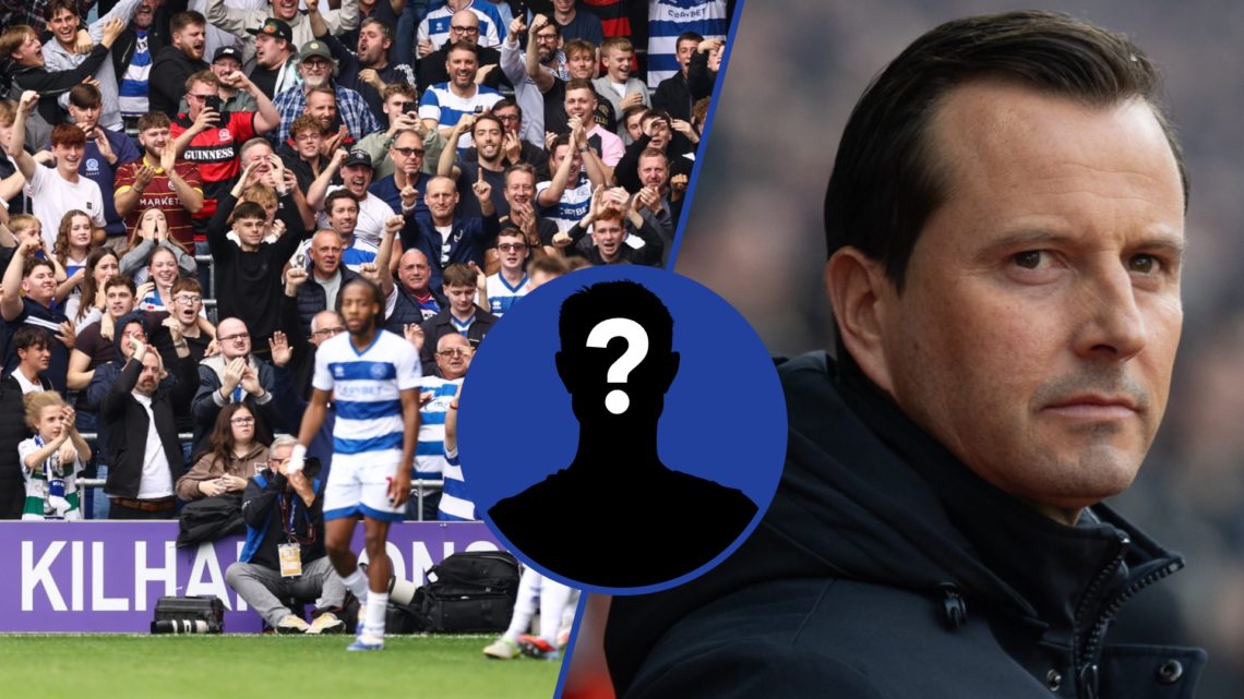 Split image showing the QPR players celebrating against Stoke City and Queens Park Rangers coach Julien Stephan