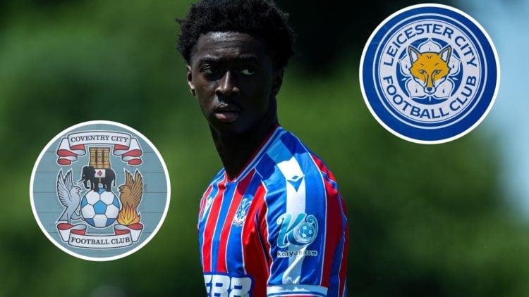Jesurun Rak-Sakyi of Crystal Palace during pre-season, an inset of the Coventry City badge, an inset of the Leicester City badge