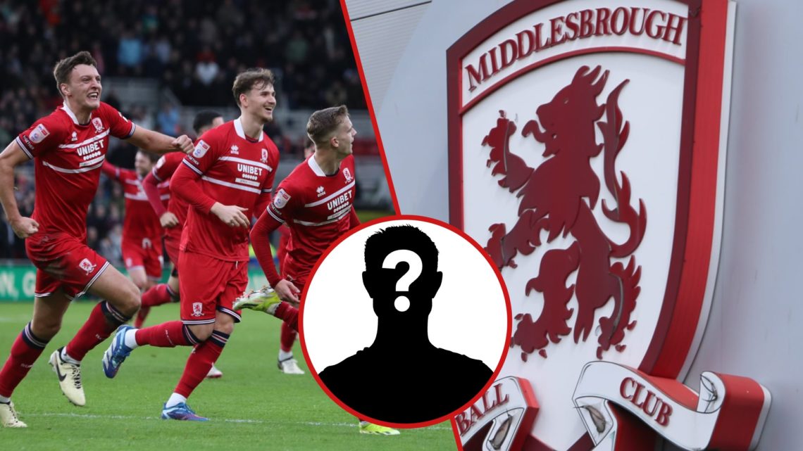 Split image showing Rav Van den Berg celebrating and the Middlesbrough badge outside the Riverside Stadium