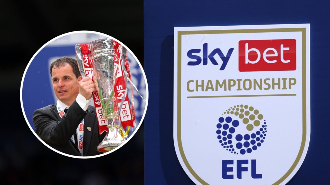 The EFL Championship logo. Inset, Regis Le Bris celebrates promotion with Sunderland.