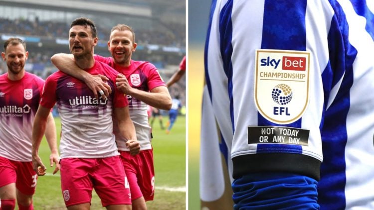 Matty Pearson of Huddersfield Town celebrates with Jordan Rhodes and Tom Lees, the EFL Championship badge on display