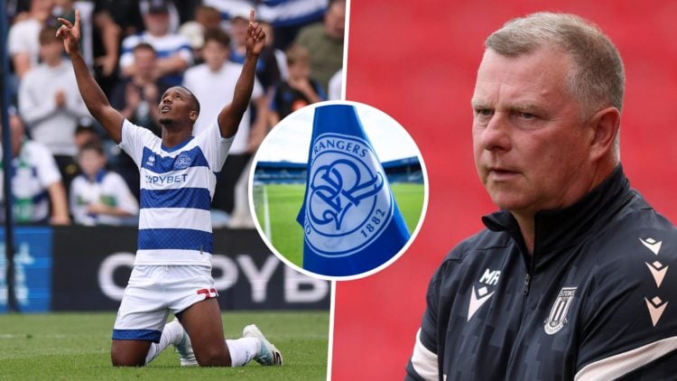 Richard Kone of Queens Park Rangers celerbates after scoring in the Championship, and Stoke City FC manager Mark Robins. Inset, the Queens Park Ran...