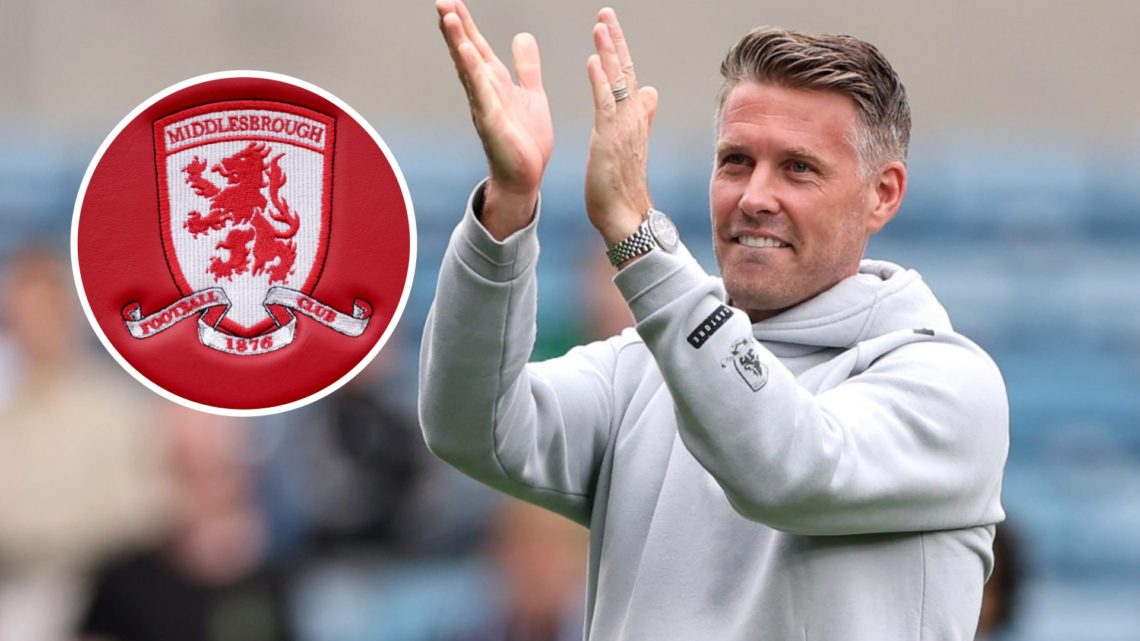 Middlesbrough FC manager Rob Edwards applauds the fans after a Championship game. Inset, the Middlesbrough FC badge.