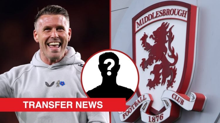 Split image showing Boro head coach Rob Edwards and the Middlesbrough badge outside the Riverside Stadium