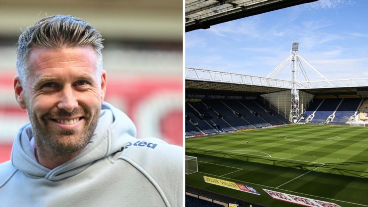 Rob Edwards smiles as he puts his thumbs up at the Middlesbrough fans (left) and a general view of Preston North End's stadium Deepdale (right)