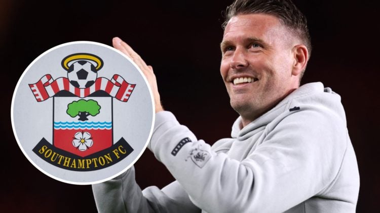Rob Edwards claps the Middlesbrough fans (main) and Southampton badge (inset)