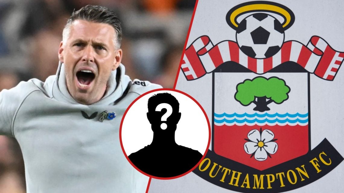Split image showing Middlesbrough coach Rob Edwards and the Southampton badge