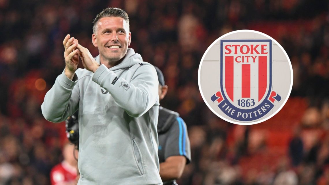 Middlesbrough boss Rob Edwards looks on. Inset, the Stoke City badge