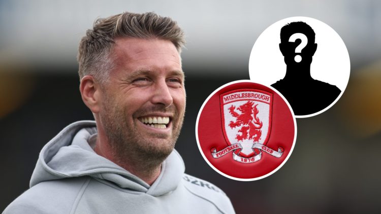Middlesbrough FC manager Rob Edwards smiles ahead of a Championship game. Inset, a mystery player and the Middlesbrough FC badge.