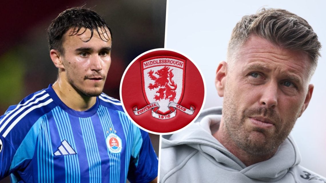 David Strelec in action for Slovan Bratislava, and Middlesbrough manager Rob Edwards ahead of a Championship game. Inset, the Middlesbrough FC logo.