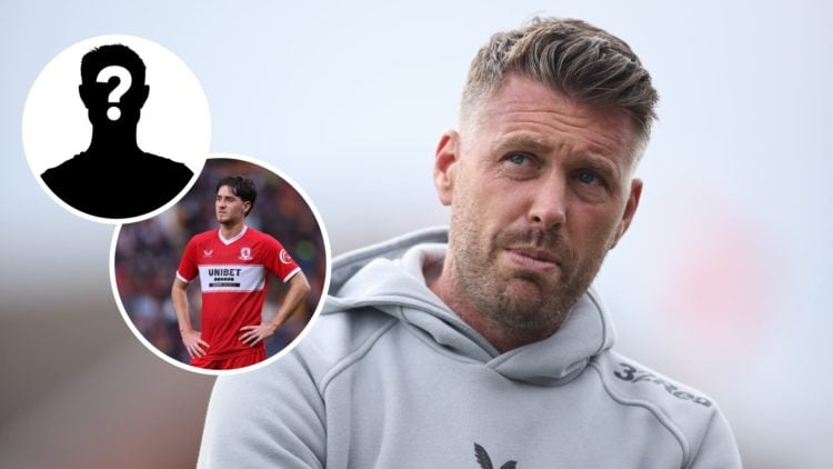 Middlesbrough manager Rob Edwards. Inset, Hayden Hackney and mystery player graphic.