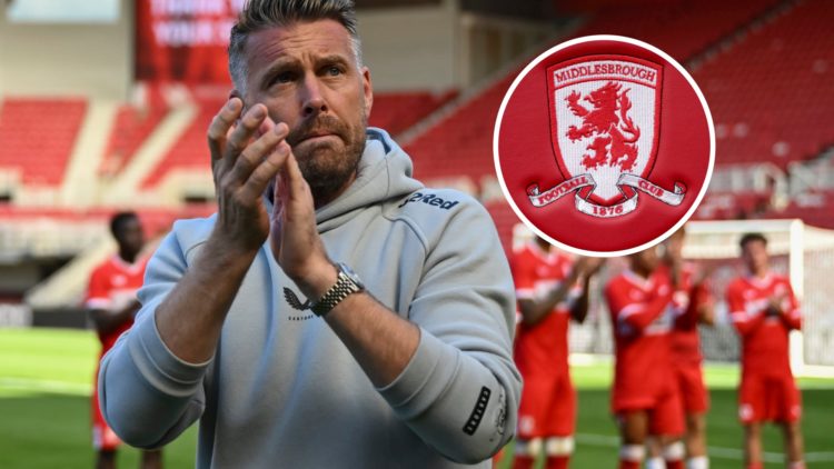 Rob Edwards applauds the Middlesbrough FC fans after a Championship game, and inset, the Middlesbrough FC badge.