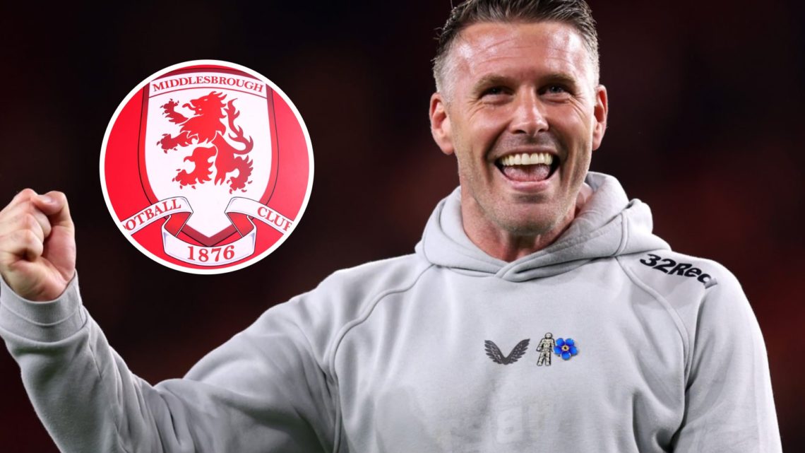 Middlesbrough manager Rob Edwards with club badge inset.